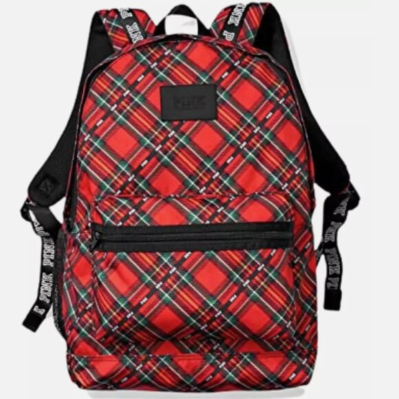 VICTORIAS SECRET PINK COLLEGIATE CAMPUS RED‎ PLAID BACKPACK FULL SIZE NEW 5206